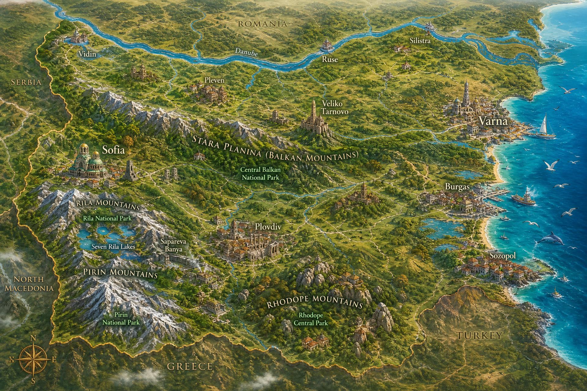 Illustrated map of Bulgaria showing mountains, the Black Sea coast and national parks
